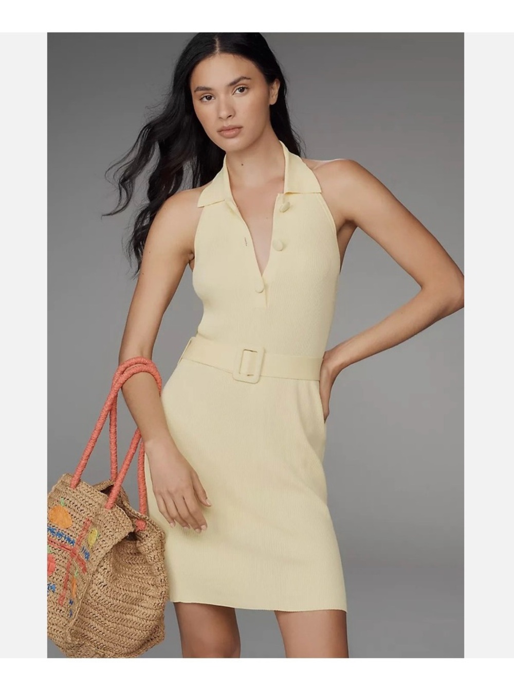Anthropologie Siempre NWT $158 Belted Halter Knit Dress Butter Yellow Small